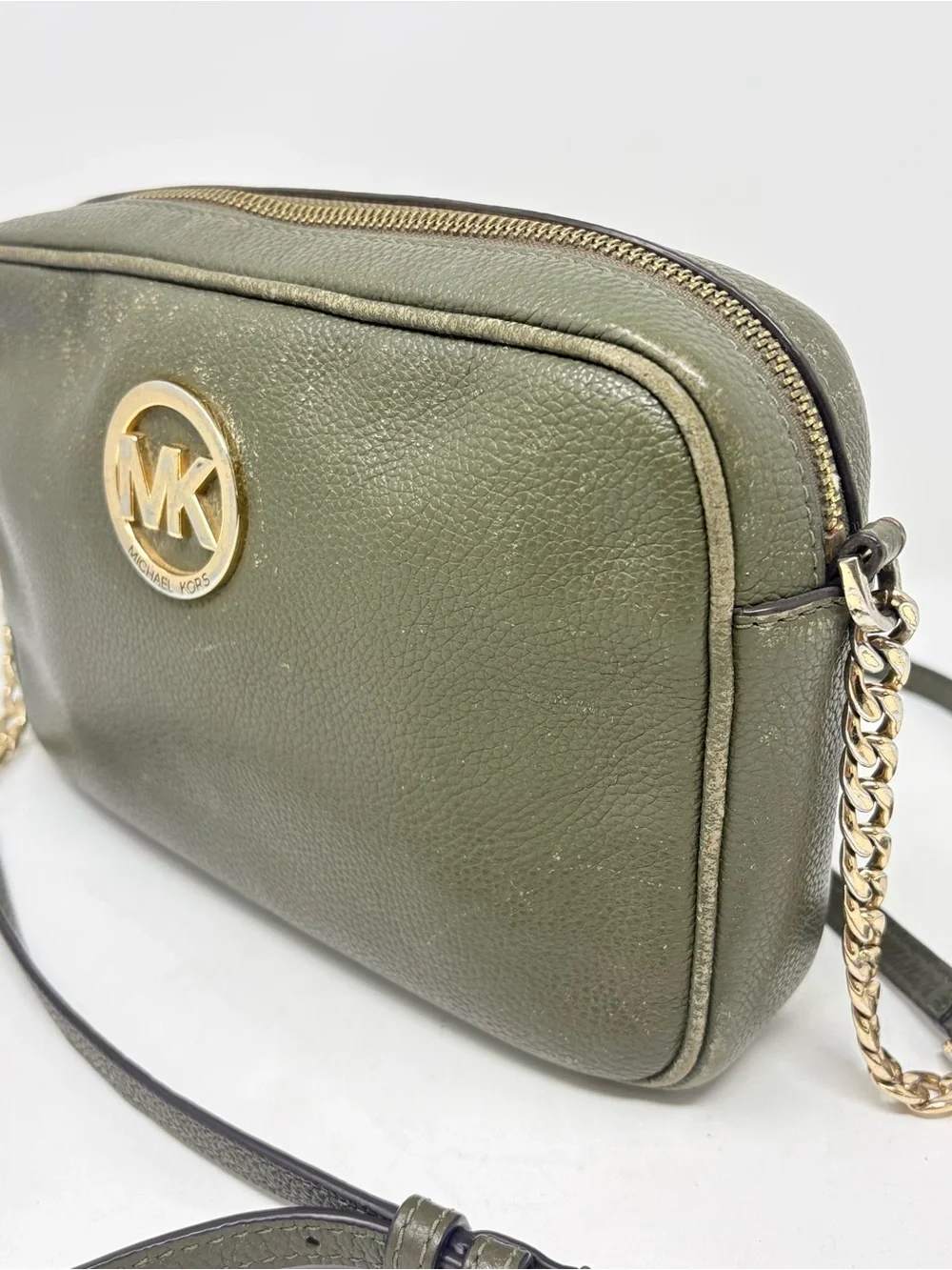 Michael Kors Fulton Olive Green Leather Crossbody Bag Camera Bag Purse 9.5”x6”